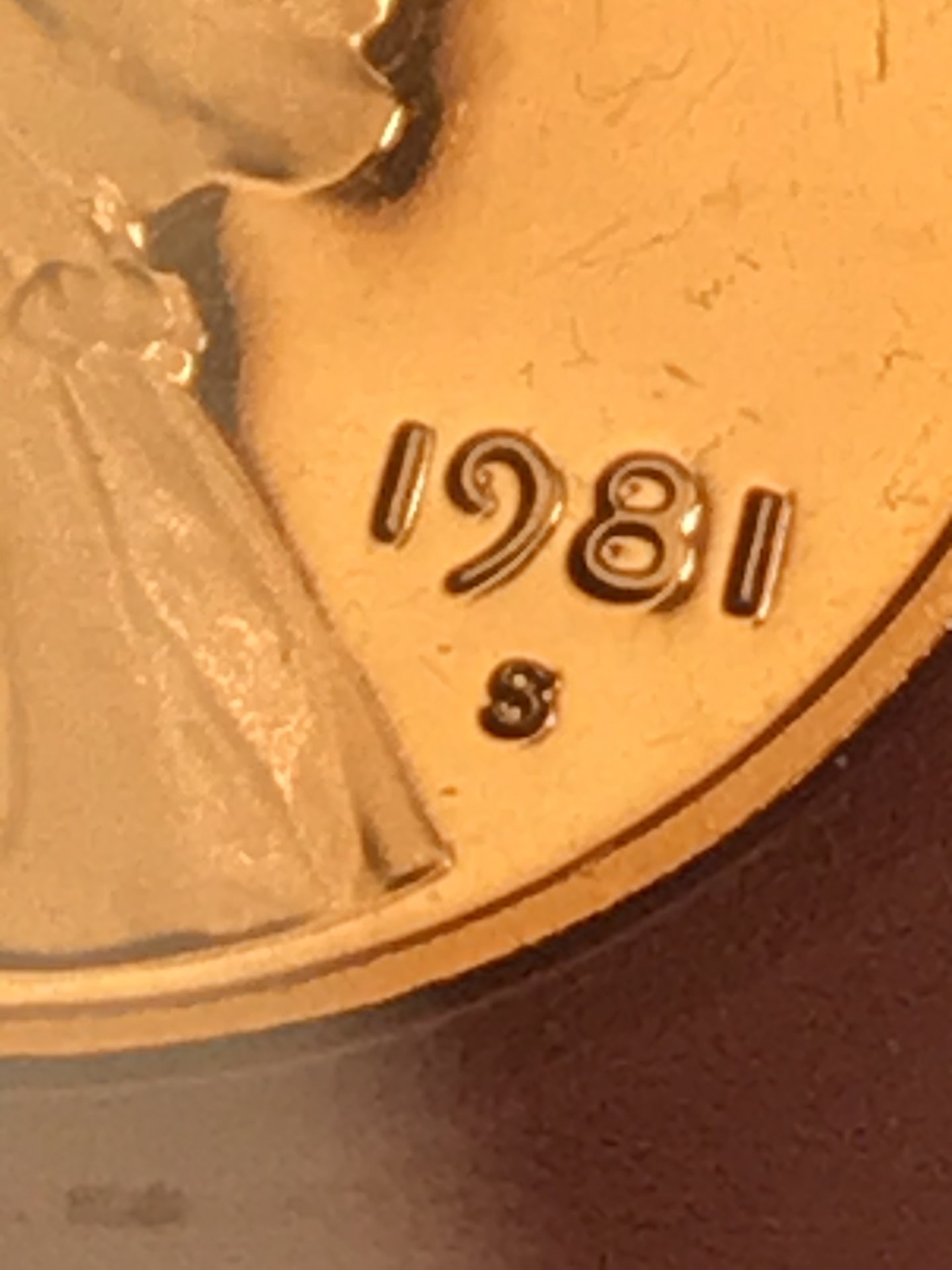 1981-S Type 2 Flat S mint mark close-up on proof penny showing flat-topped S with bulbous serifs