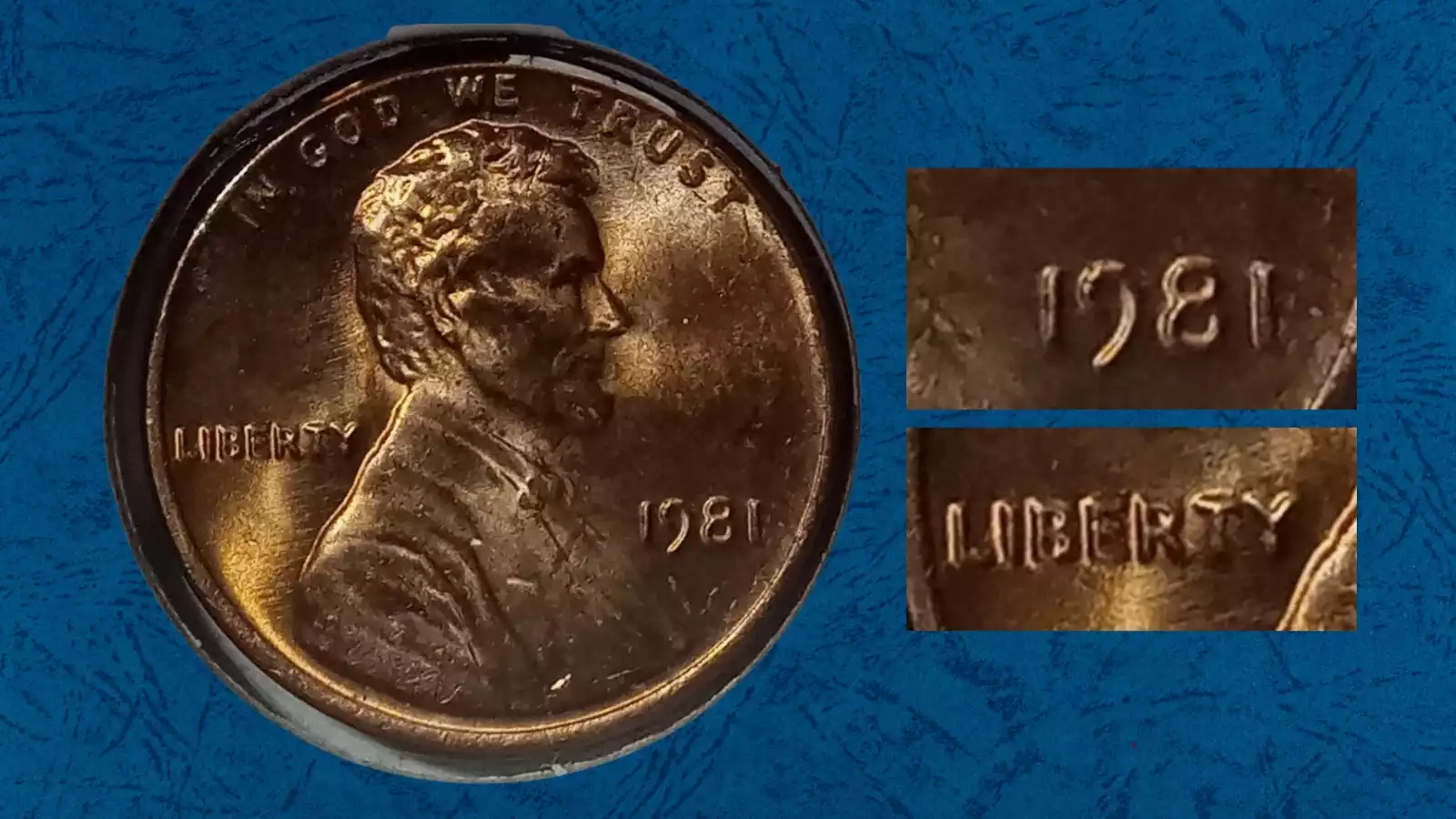 1981 penny doubled die obverse close-up showing doubling on LIBERTY and IN GOD WE TRUST lettering