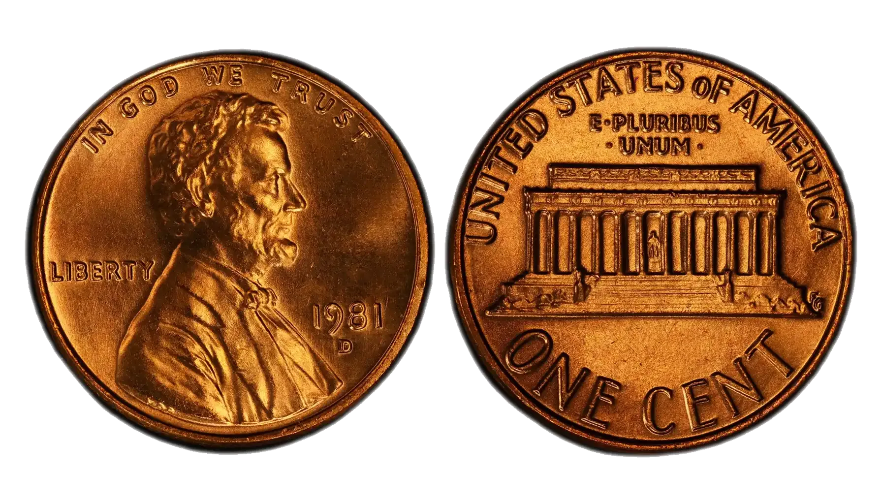 1981 Lincoln Memorial penny mintage group showing Philadelphia, Denver, and San Francisco specimens