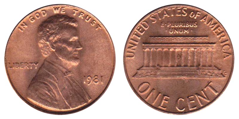 1981 Lincoln penny grading strip showing four coins from worn circulated through gem uncirculated condition
